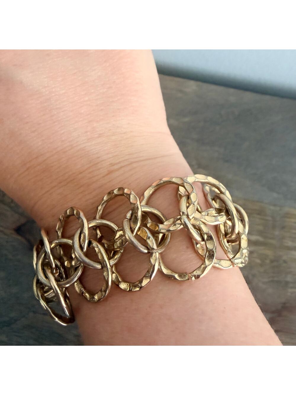 Interlocking hammered gold interlocking ring adjustable bracelet